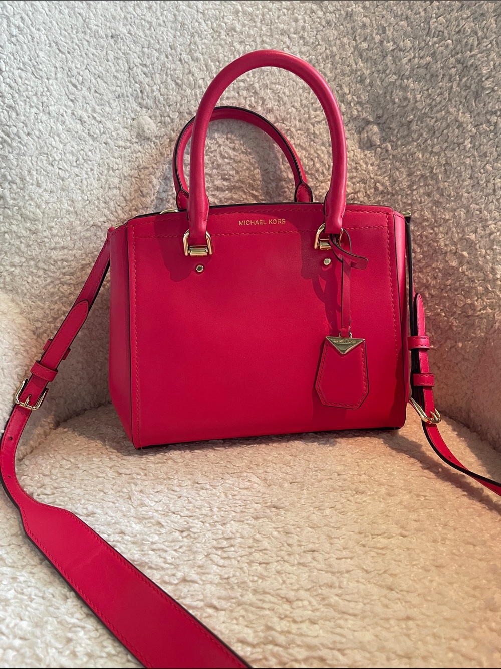 Michael Kors Benning Leather Satchel Deep Pink/Rasberry with Gold Hardware New